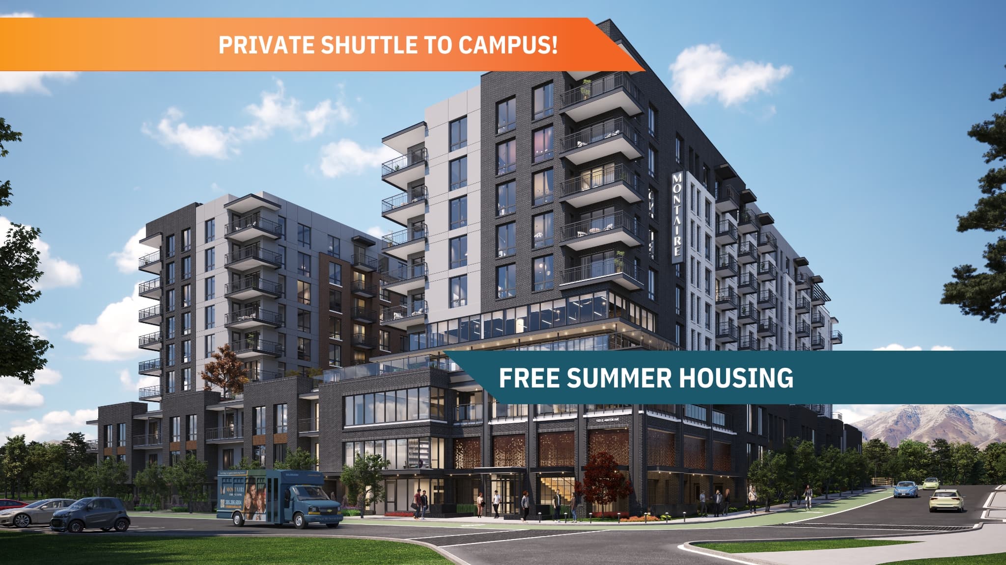 Modern apartment building with a private shuttle bus in front. Two banners read “PRIVATE SHUTTLE TO CAMPUS!” and “FREE SUMMER HOUSING.” Mountains and blue sky are visible in the background.