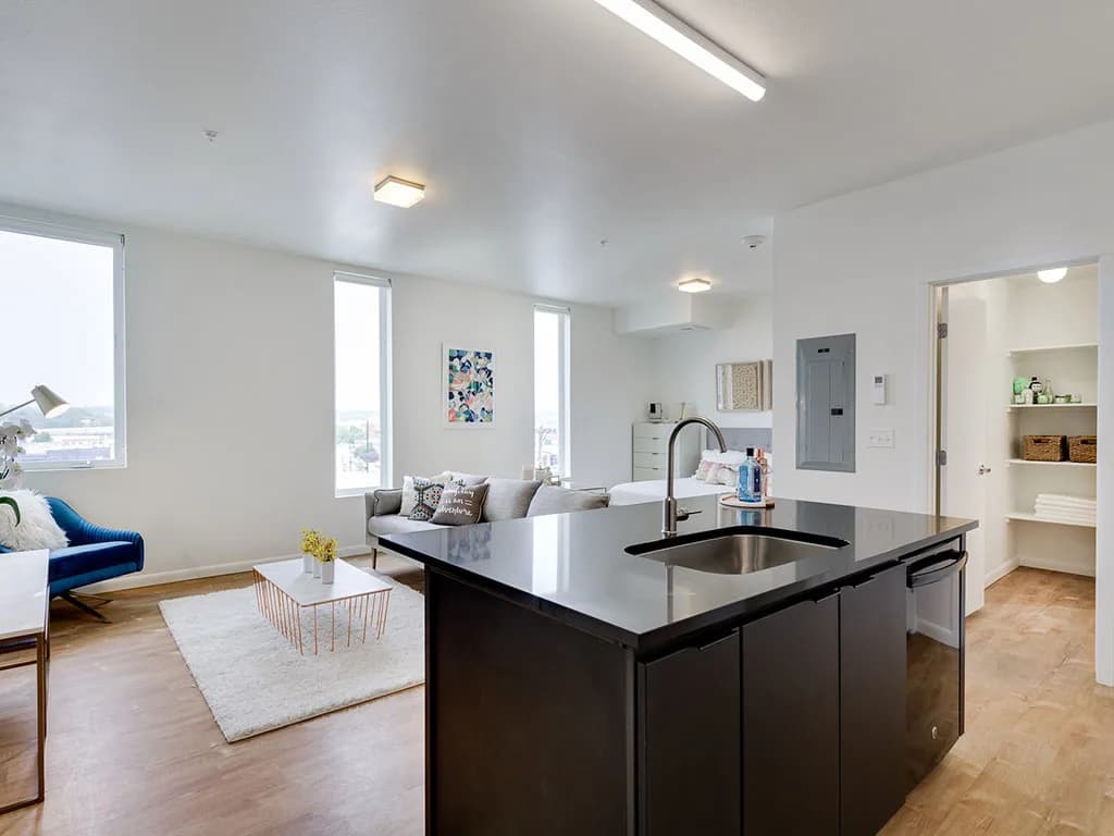 Modern Watercooler Apartments interior with an open-plan kitchen featuring a black island and sink, a living area with a gray sofa, coffee table, wall art, and a bright walk-in closet or laundry room visible in the background.