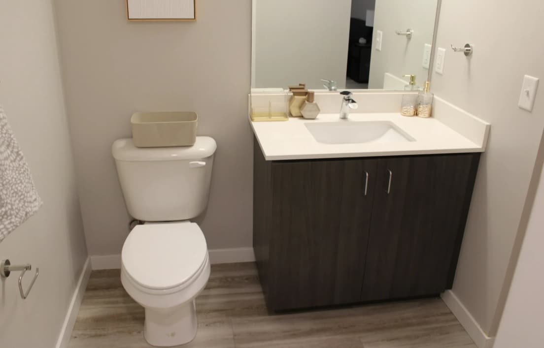 A modern bathroom at Ferry Street Flats Eugene features a white toilet, a towel on a ring holder, and a dark wood vanity with a white countertop and sink. Decorative items and soap dispensers sit atop the counter, complementing the light wood floor.