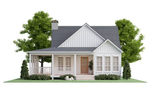 A white, single-story house with a front porch, gabled roof, and large windows sits on FM Esatwood Cuort, surrounded by green bushes, grass, and tall trees in the background.